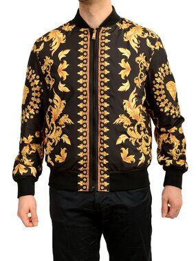 Versace Men's Gold Barocco Reversible Full Zip insulated Jacket US L IT 52